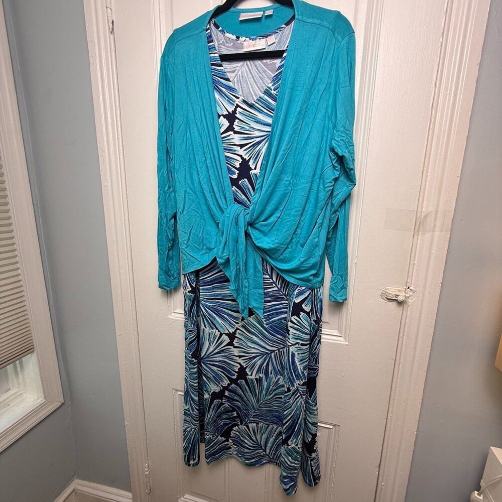 Belle by Kim Gravel Tropical Maxi Dress Shrug Set Women's Petite 1X Blue NWOT